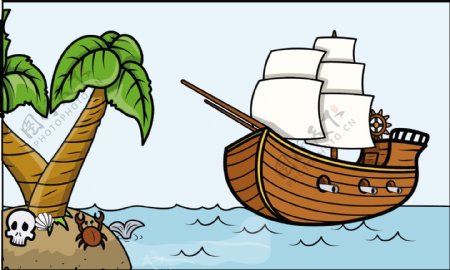海盗船和热带岛屿卡通插画矢量