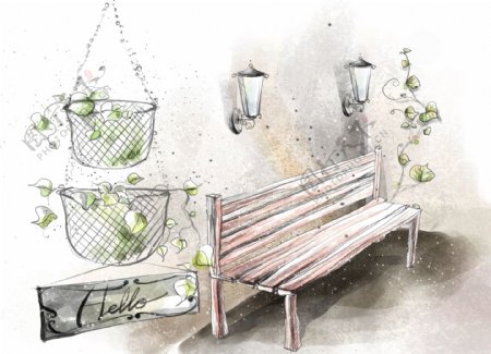 HanMaker韩国设计素材库背景淡彩色调意境绘画风格树藤椅子