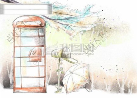 HanMaker韩国设计素材库背景淡彩色调意境绘画风格树枝电话亭
