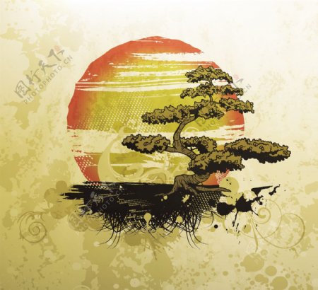 中国风落日松树图案