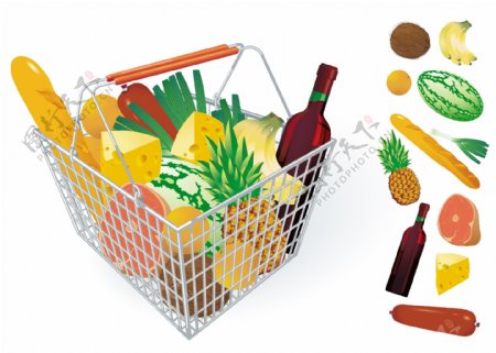 水果和蔬菜和购物篮04矢量