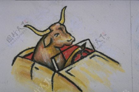 小牛开车蜡笔画