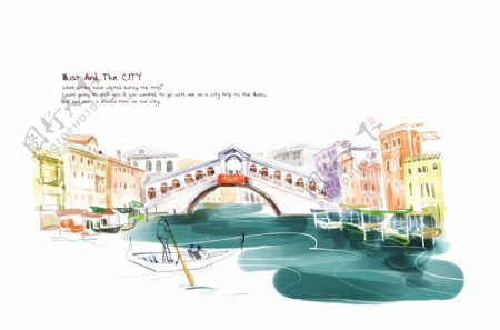 小城内河流上的拱桥插画