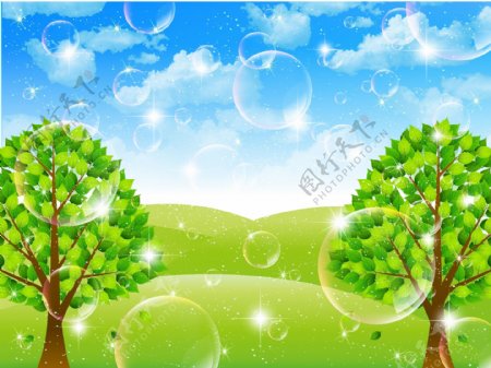 梦幻气泡绿树背景