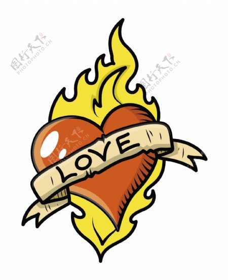 复古爱纹身心脏火焰和老式banner矢量插图