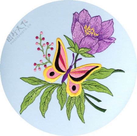 绣花花朵蝴蝶树叶免费素材