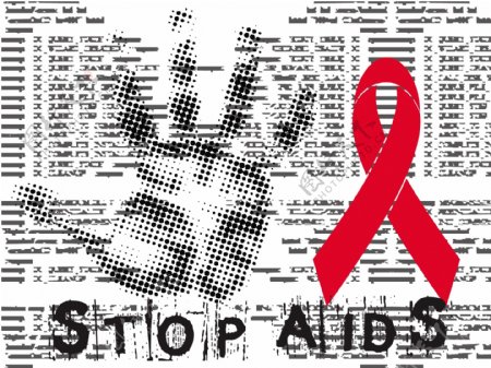 用手和红丝带阻止艾滋病的垃圾背景下