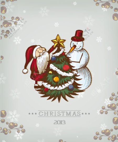 圣诞节插画矢量和圣诞树圣诞雪人