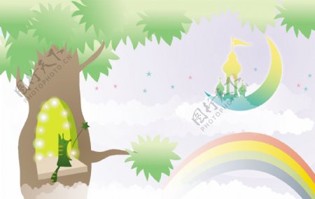 卡通树木和彩虹