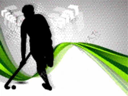 一个曲棍球棒和球在丰富多彩的绿色波背景的冰球运动员的剪影