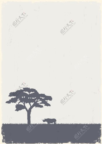 树和犀牛的剪影