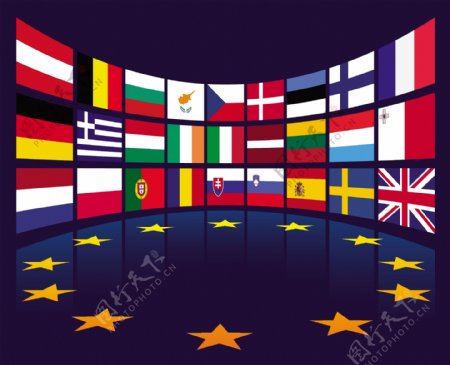 欧盟各国国旗组合矢量立体图
