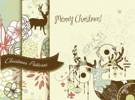 集创意的圣诞图案的鹿和花