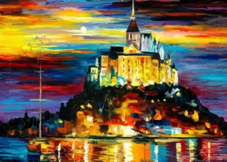 油画夕阳城堡图片