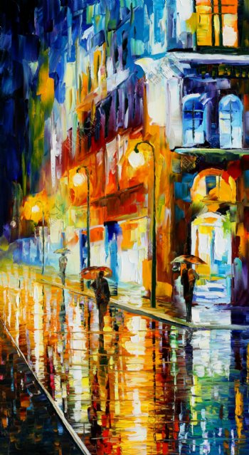 油画城市夜雨图片