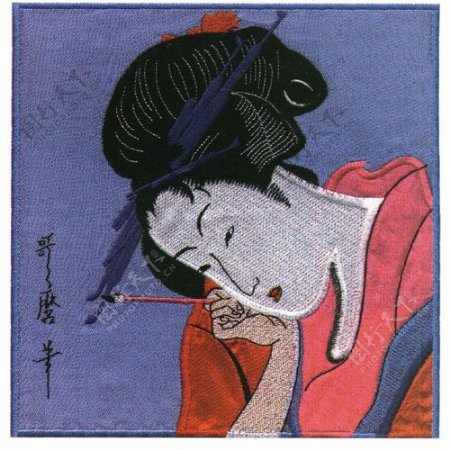 绣花古典美女日本家纺免费素材