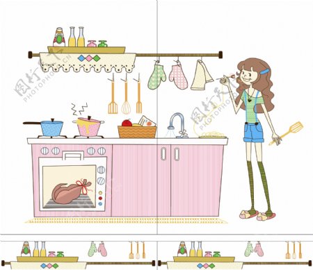 卡通厨房小女孩图片