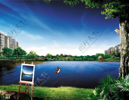 地产湖景图片