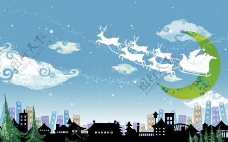 HanMaker韩国设计素材库卡通漫画圣诞老人可爱圣诞节礼物城市夜空