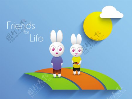 快乐友谊日背景和可爱的兔子在蓝色的背景