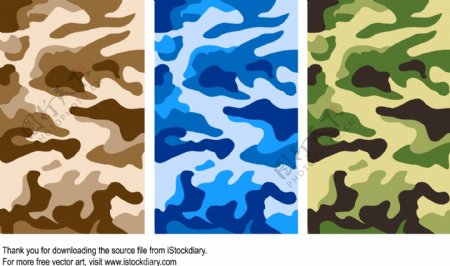 三种不同颜色的陆军迷彩图案