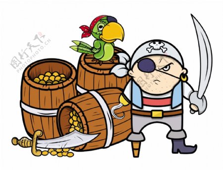 海盗船长和珍惜和鹦鹉的卡通插画矢量