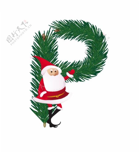 圣诞装饰杉树的ABC字母P向量与有趣的圣诞老人