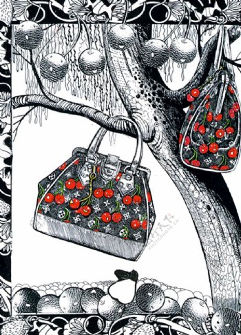 位图插画黑白色红色水果免费素材
