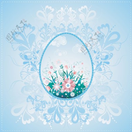一个复活节彩蛋的蓝色背景上的装饰元素