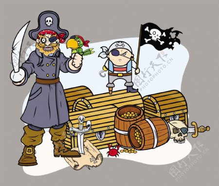海盗船长黑队宝卡通插画矢量