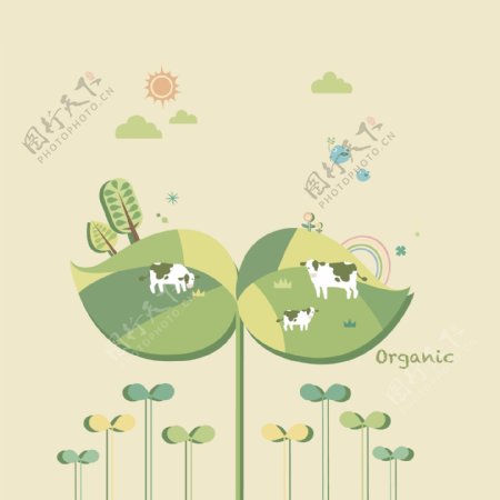 印花矢量图可爱卡通卡通动物奶牛植物免费素材