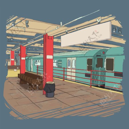 印花矢量图艺术效果水彩火车站台免费素材