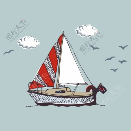 印花矢量图T恤图案交通工具帆船航海免费素材