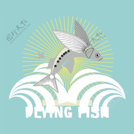 印花矢量图T恤图案图文结合动物飞鱼免费素材
