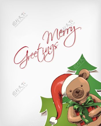 圣诞节插画矢量与熊和圣诞树