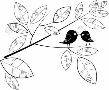 可爱的小鸟和程式化的分支和叶子
