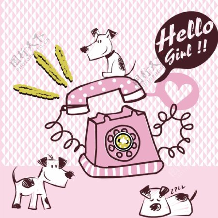 印花矢量图可爱卡通卡通动物小狗电话免费素材