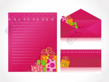 礼物在圣诞信头和粉红色的信封