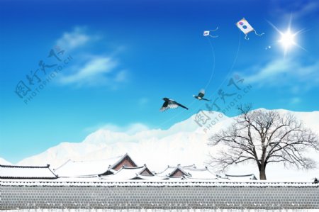 大雪雪天风筝屋顶影骑韩国实用设计分层源文件PSD源文件