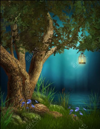 浪漫温馨影楼背景大树蓝色花朵湖水图片