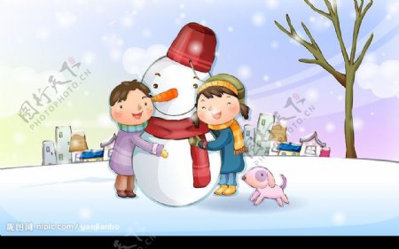 圣诞冬日童年插画图片