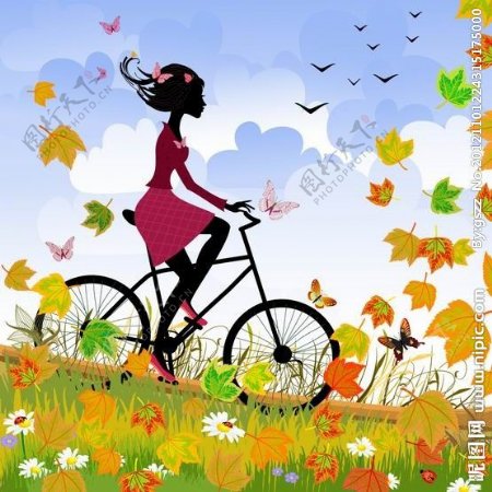 秋天骑着自行车的美女图片