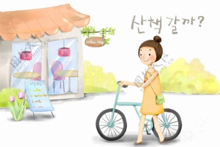 韩国手绘风清新少女推单车图片