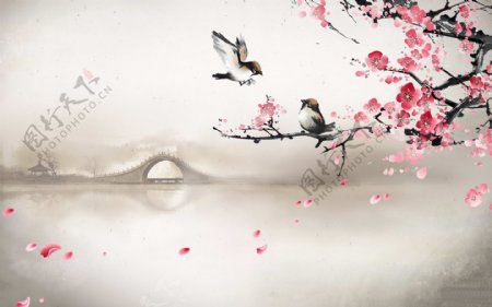 中国风山水梅花燕子高清大图图片
