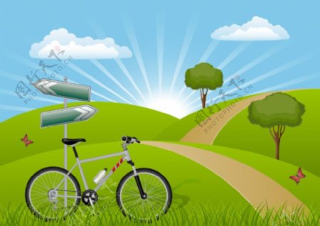 蓝天白云草地自行车春天背景图片