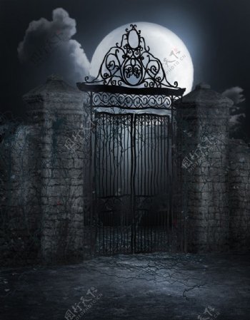 月光下的古老铁门图片