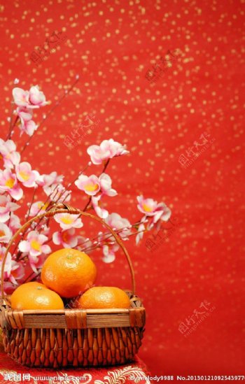 桃花桔子喜庆新年背景图片