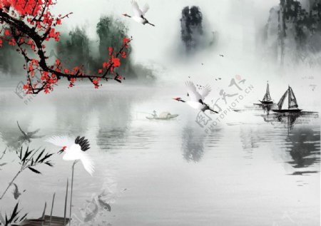 红梅仙鹤图江南水景图片