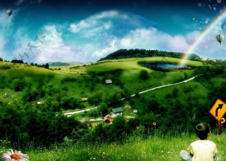 彩虹下的小村庄图片