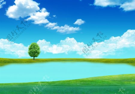 蓝天白云草地绿水图片